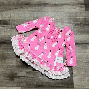 Jane + Jo Long Sleeve Holiday Dress Snowman Pink NWT Baby Girl Size 0-3 M